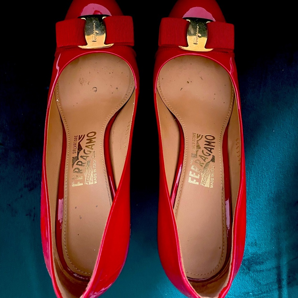 Ferragamo Red Patent Pumps, size 8